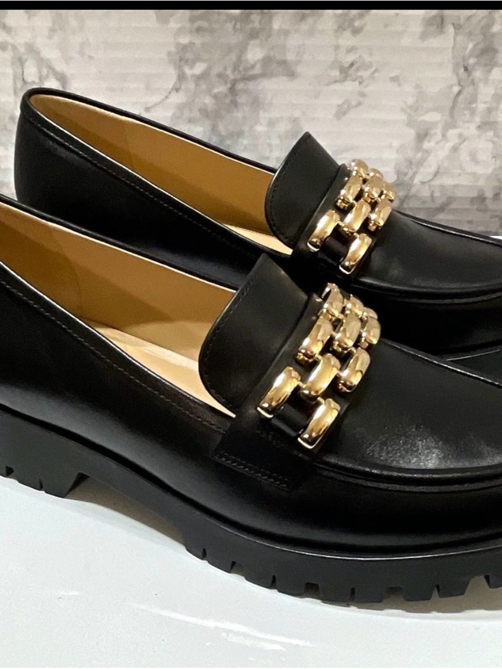 Antonio Melani Chunky Black Loafers Gold Chain Hardware Lug Sole Slip On 10M